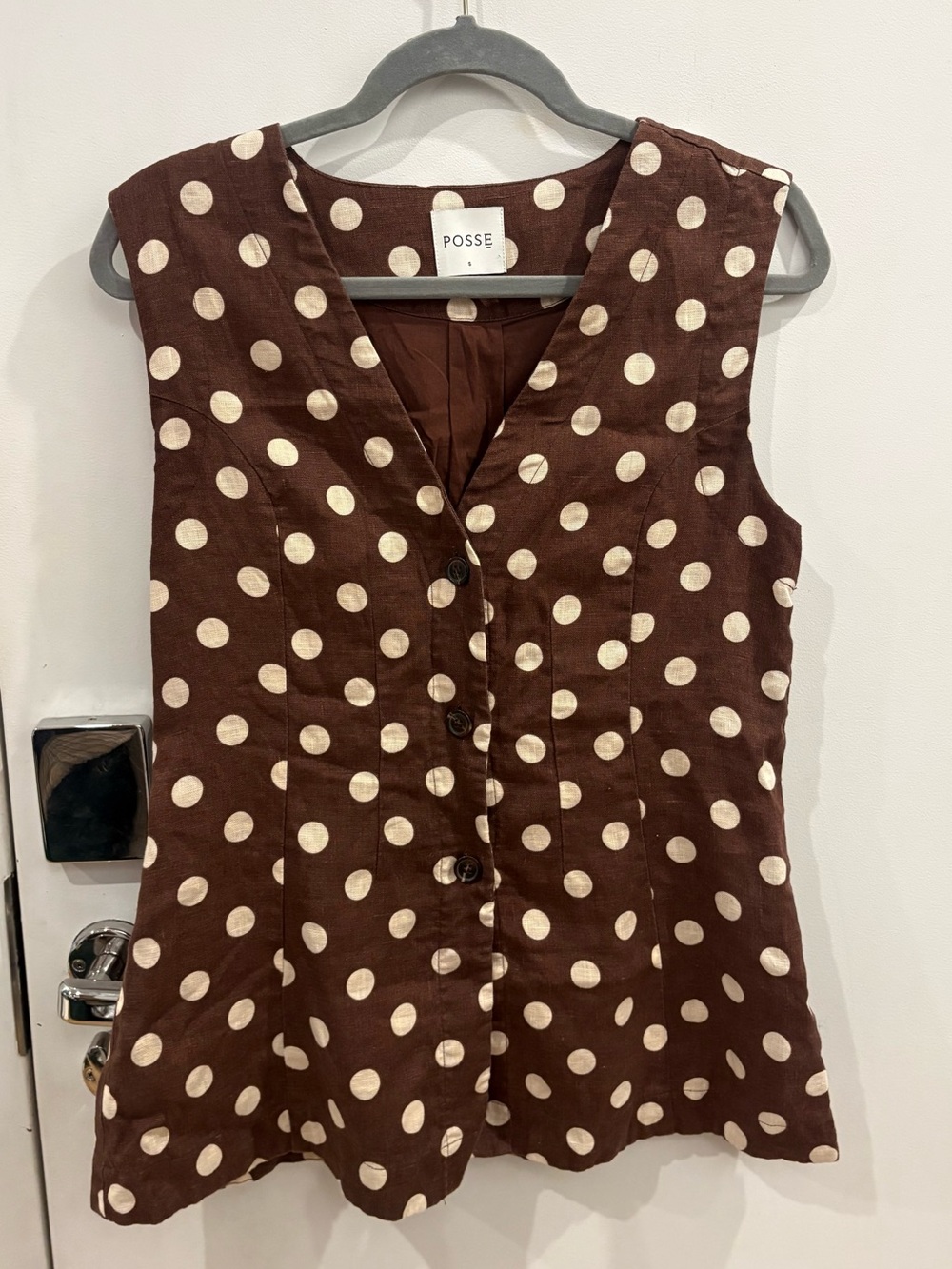 POSSE Women’s Preppy Lori Brown Polka Dot Sleeveless Button Vest size S